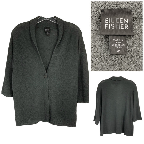 Eileen Fisher Sz M Gray Nubby 100% Wool Single Button Cardigan Sweater R7CG-3 - Picture 1 of 5